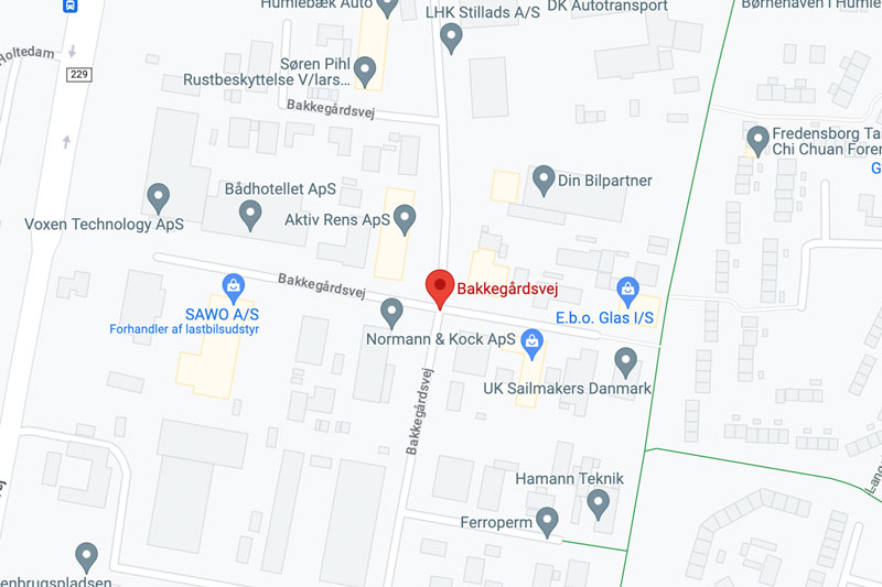 Google maps kort, som viser Bakkegårdsvej i Hørsholm og omkringliggende veje.